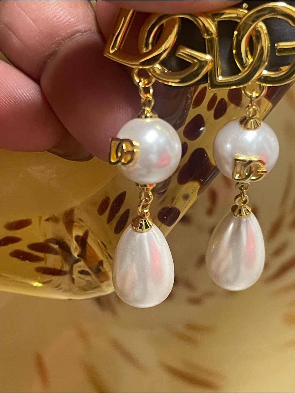 Gold-Tone Pearl Drop Earrings with Interlocking Logo Accent